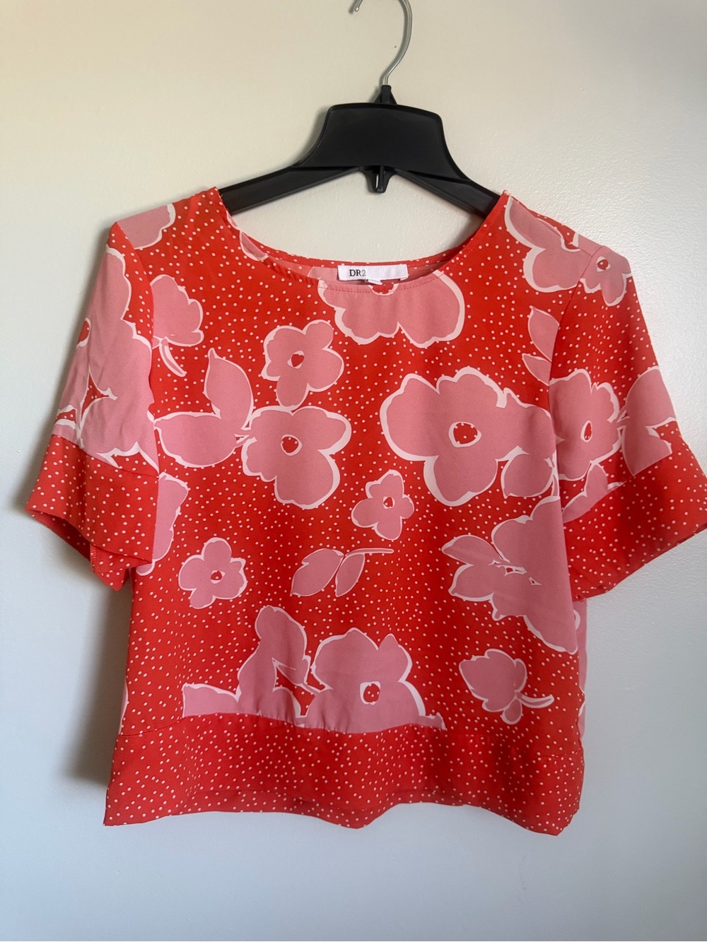 DR2 Orange Pink Floral Short-Sleeve Blouse wrap back keyhole opening size small